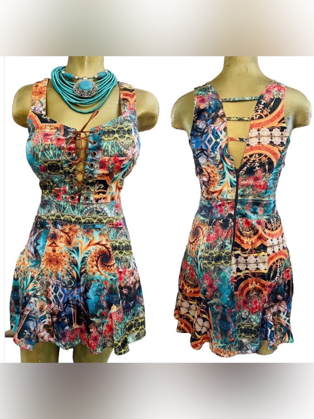 Monda Belle BRAZIL Fabulous LACE-UP Baroque Mini DRESS Size P